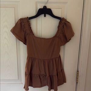 Altar'd State Brown Puff Sleeve Blouse with Ruffled Tiers
